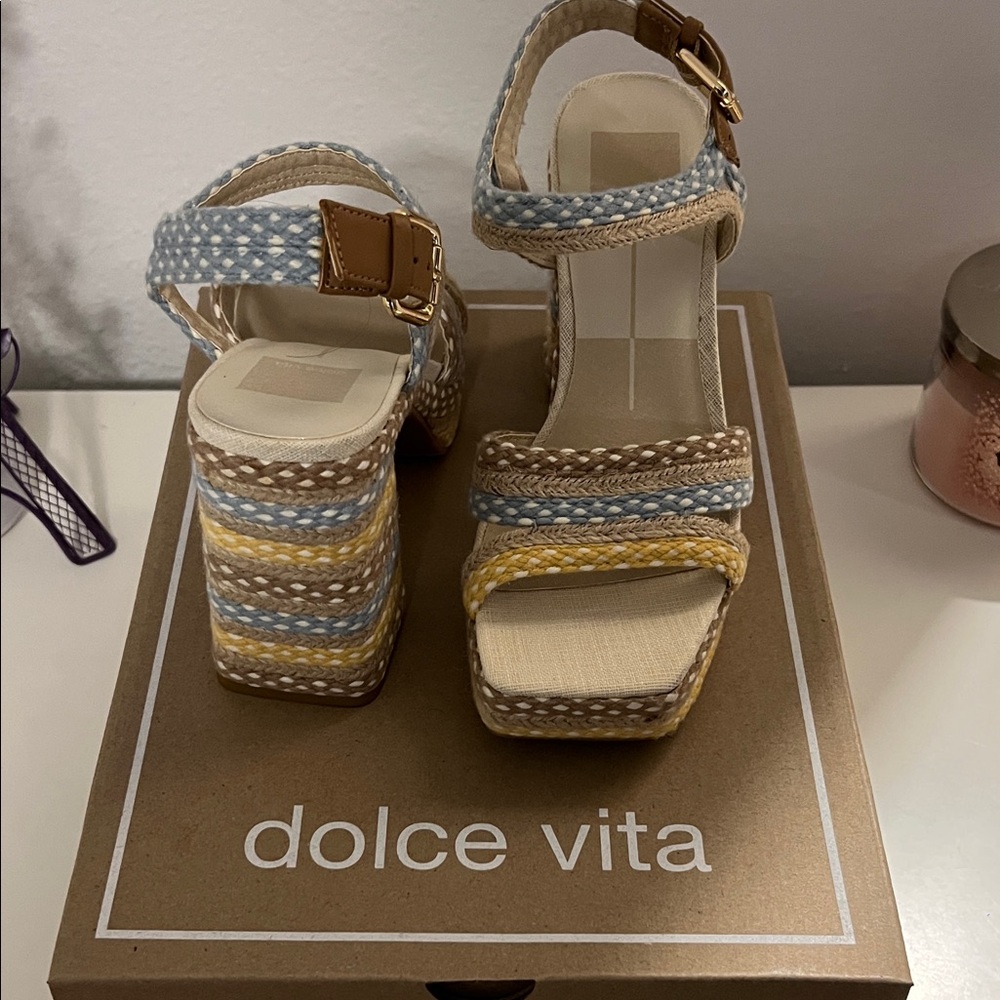 Dolce Vita Blue, Yellow and Tan Braided Platform Sandals